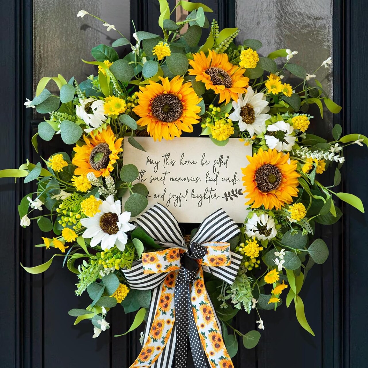 24-Inch Handmade Spring & Summer Wreath – Sunflowers, Daisies, Greenery, Welcome Sign & Bow for Front Door, Porch, Home Decor & Gifts